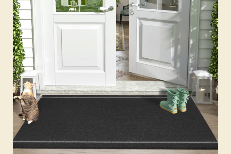 An oversized 90x150cm welcome mat perfectly placed in front of double entrance doors