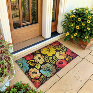 Artisan Floral Mosaic Welcome Mat – Vibrant Decorative Flocked Entrance Rug