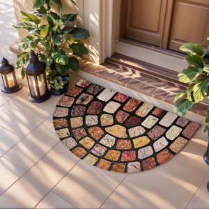 Artisan Semicircle Stone Mosaic Mat – Premium Flocked Half-Moon Entrance Rug