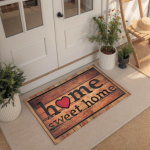 Rustic Wood-Grain "Home Sweet Home" Mat – Artisan Flocked Entrance Rug